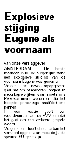 Bericht uit "De Knipselkrant" van 16-5-14: Explosieve stijging Eugene als voornaam